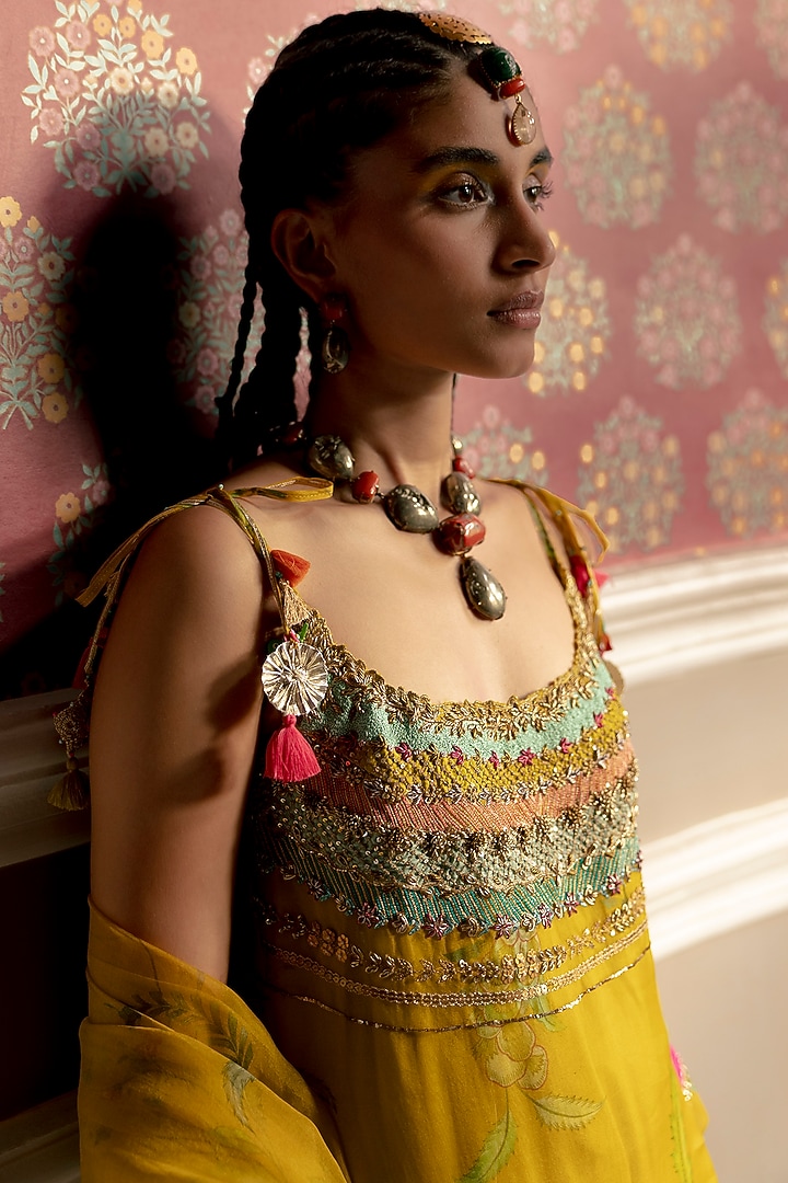 Lime Yellow Organza Embroidered & Printed Kurta Set by Raji ramniq at Pernia's Pop Up Shop