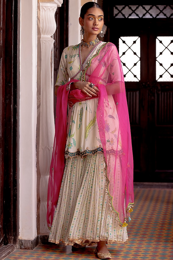 Ivory Crepe Printed Gharara Set by Raji ramniq at Pernia's Pop Up Shop