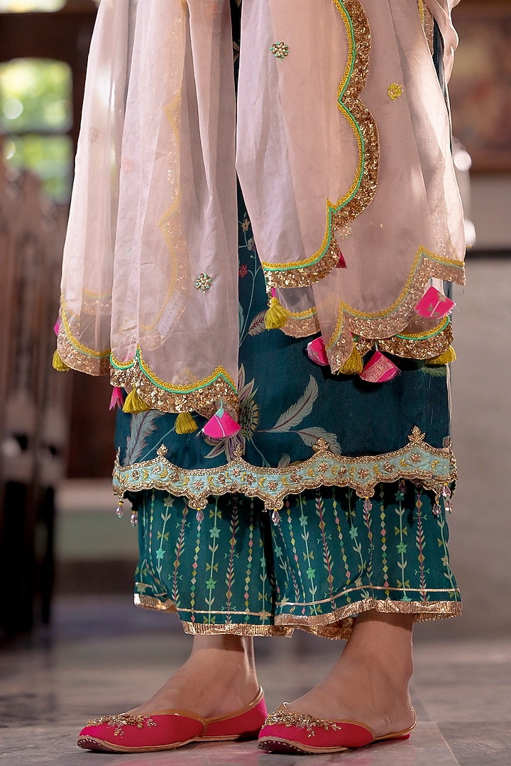 Teal Organza Embroidered & Printed Kurta Set by Raji ramniq at Pernia's Pop Up Shop
