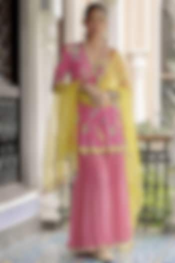 Bright Pink Crepe Printed Gharara Set by Raji ramniq at Pernia's Pop Up Shop