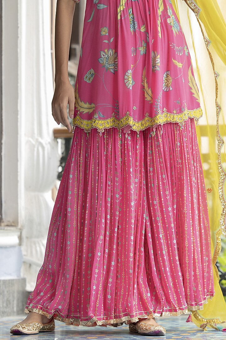 Bright Pink Crepe Printed Gharara Set by Raji ramniq at Pernia's Pop Up Shop