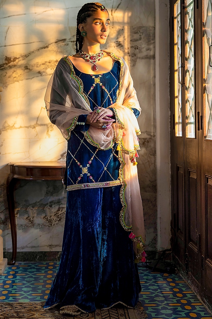 Blue Silk Velvet Sharara Set by Raji ramniq at Pernia's Pop Up Shop