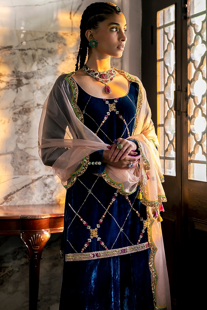 Blue Silk Velvet Wedding Sharara Set by Raji ramniq at Pernia's Pop Up Shop