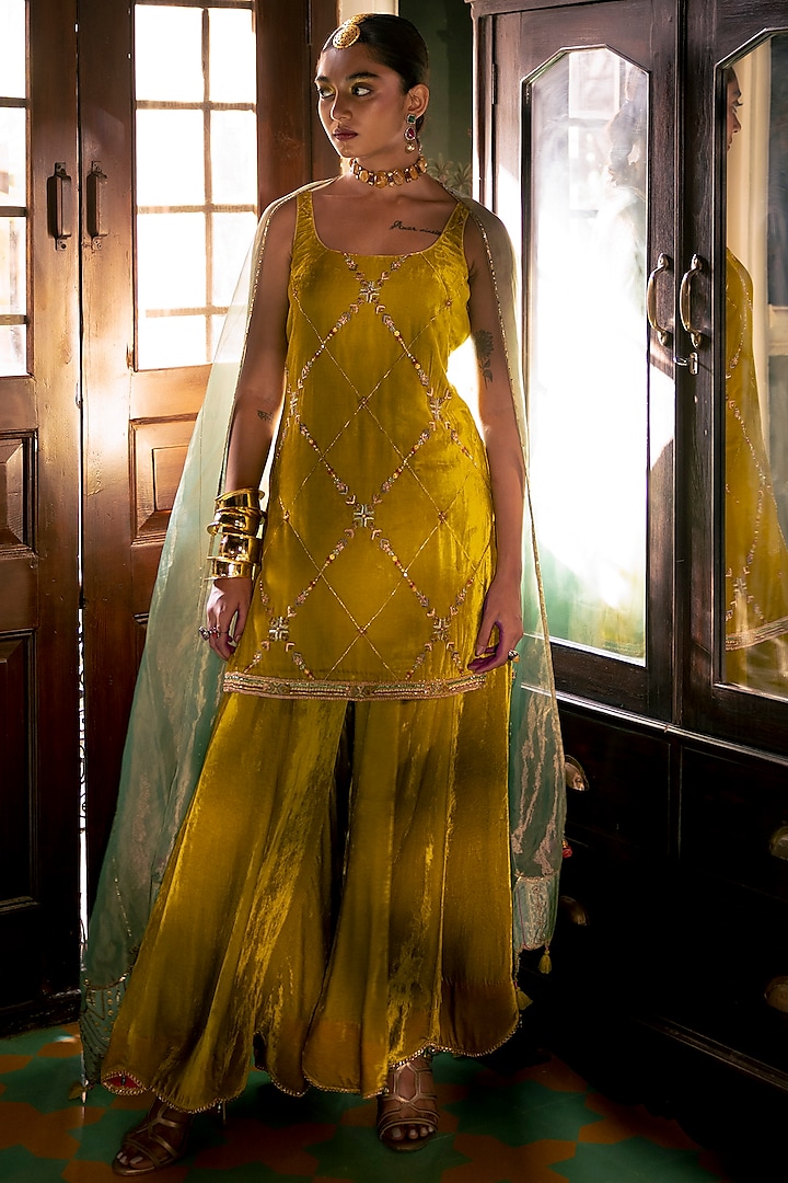 Yellow Silk Velvet Sharara Set by Raji Ramniq at Pernia's Pop Up Shop