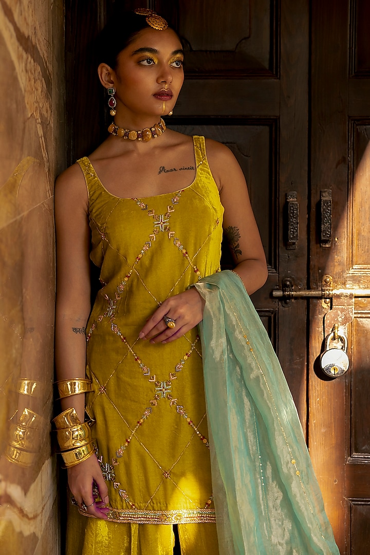Yellow Silk Velvet Wedding Sharara Set by Raji Ramniq at Pernia's Pop Up Shop