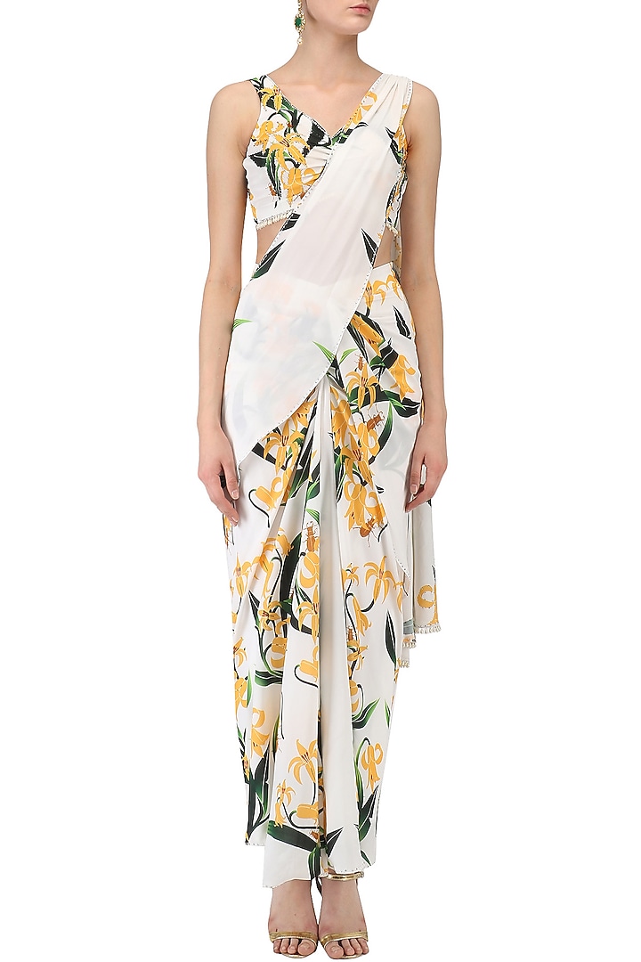 White lily print stitched saree and blouse set available only at Pernia's Pop Up Shop.