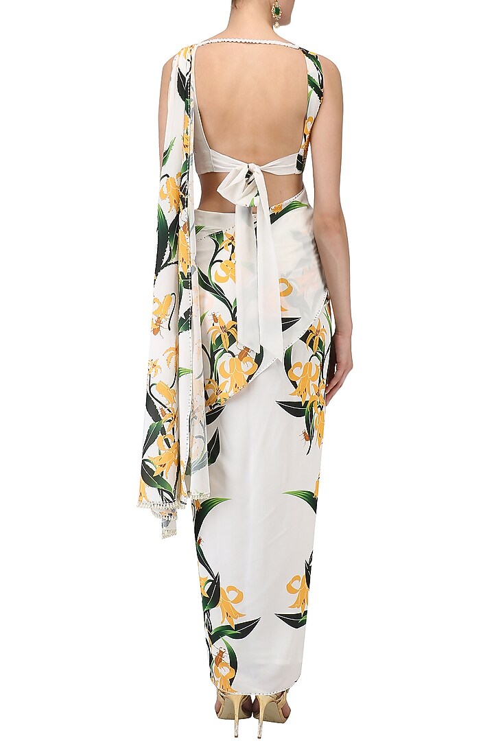 White lily print stitched saree and blouse set available only at Pernia's Pop Up Shop.