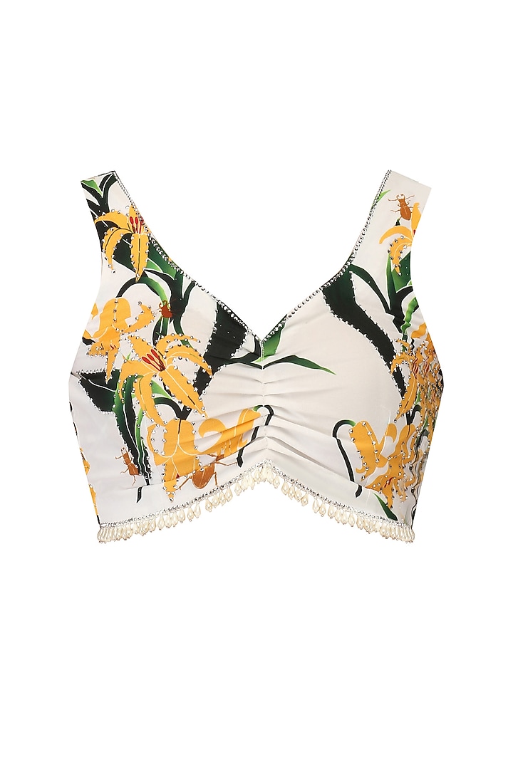 White lily print stitched saree and blouse set available only at Pernia's Pop Up Shop.