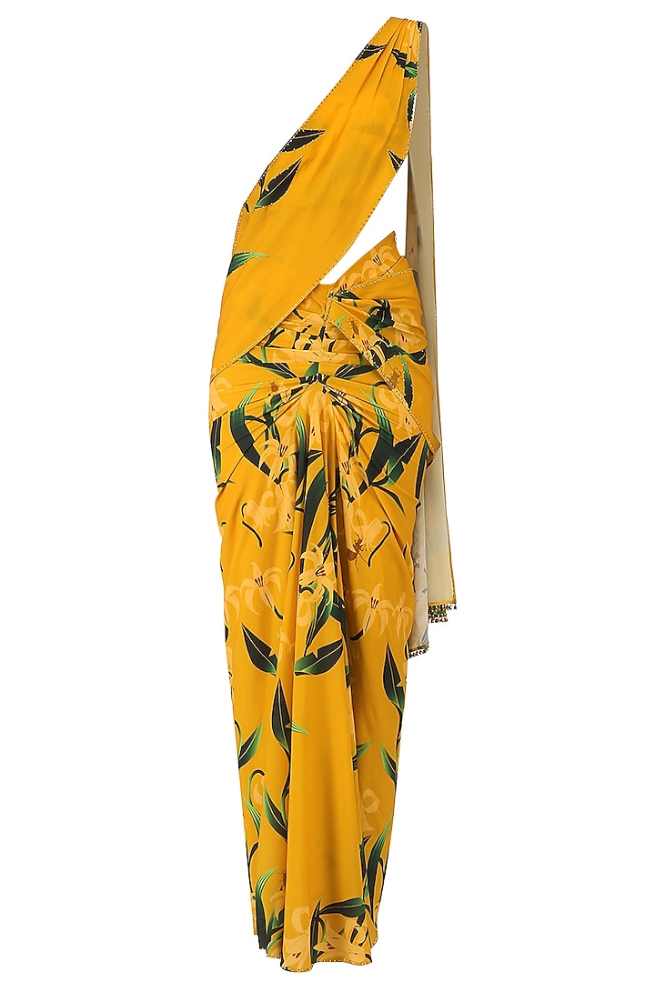 Mustard lily print stitched saree and blouse set available only at Pernia's Pop Up Shop.