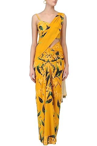 Mustard Lily Print Stitched Saree and Blouse Set by Farah Sanjana