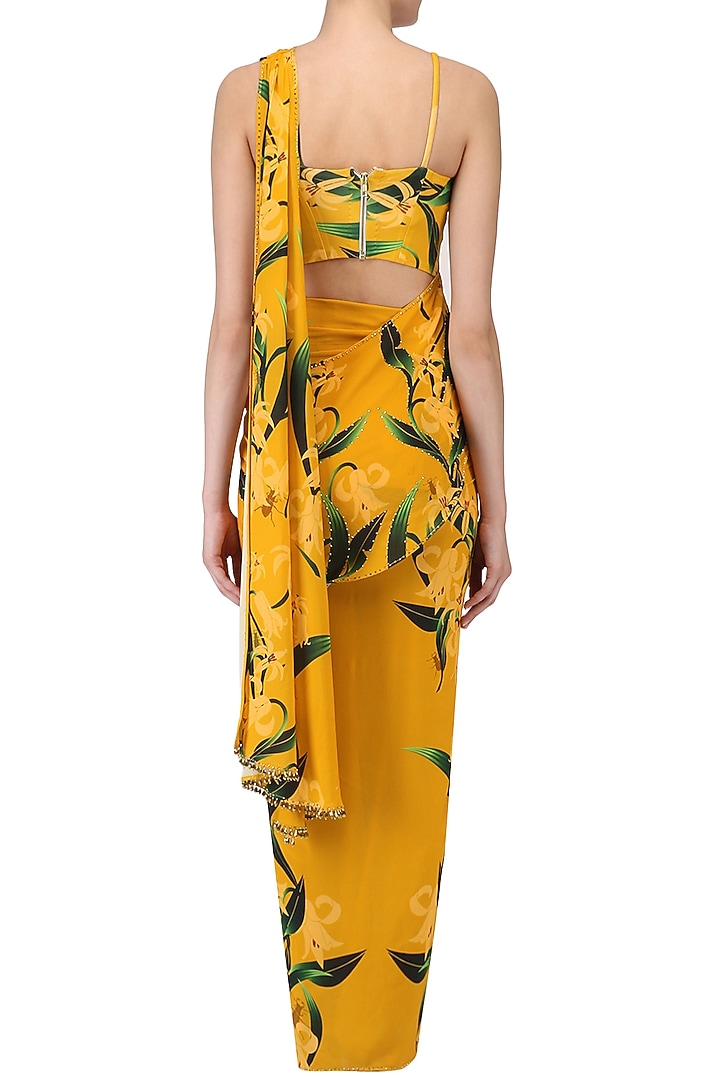 Mustard lily print stitched saree and blouse set available only at Pernia's Pop Up Shop.