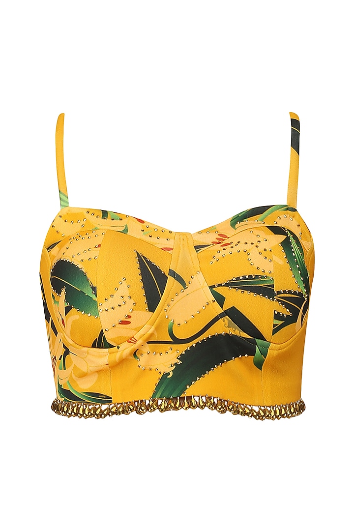Mustard lily print stitched saree and blouse set available only at Pernia's Pop Up Shop.