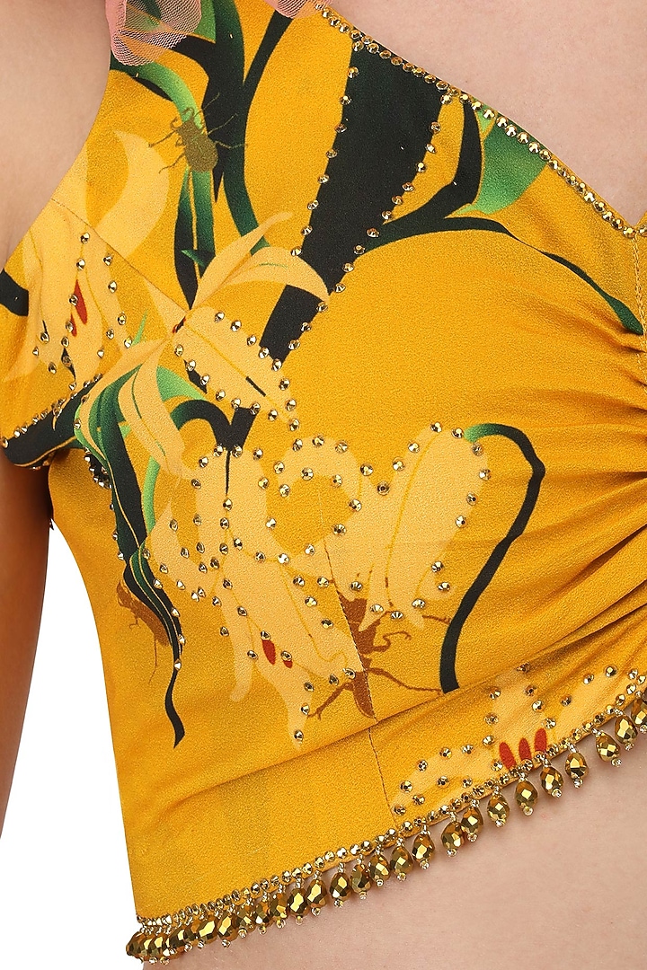 Mustard lily print stitched saree and blouse set available only at Pernia's Pop Up Shop.