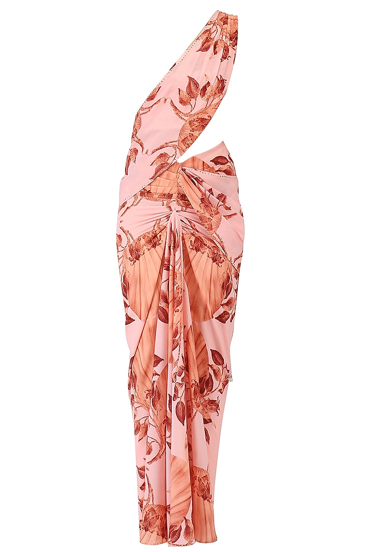 Pink Lily Print Stitched Saree with Off Shoulder Blouse by Farah Sanjana