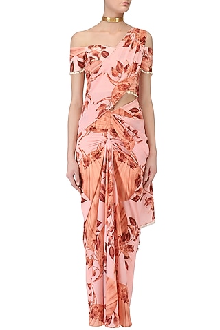 Pink Lily Print Stitched Saree with Off Shoulder Blouse by Farah Sanjana