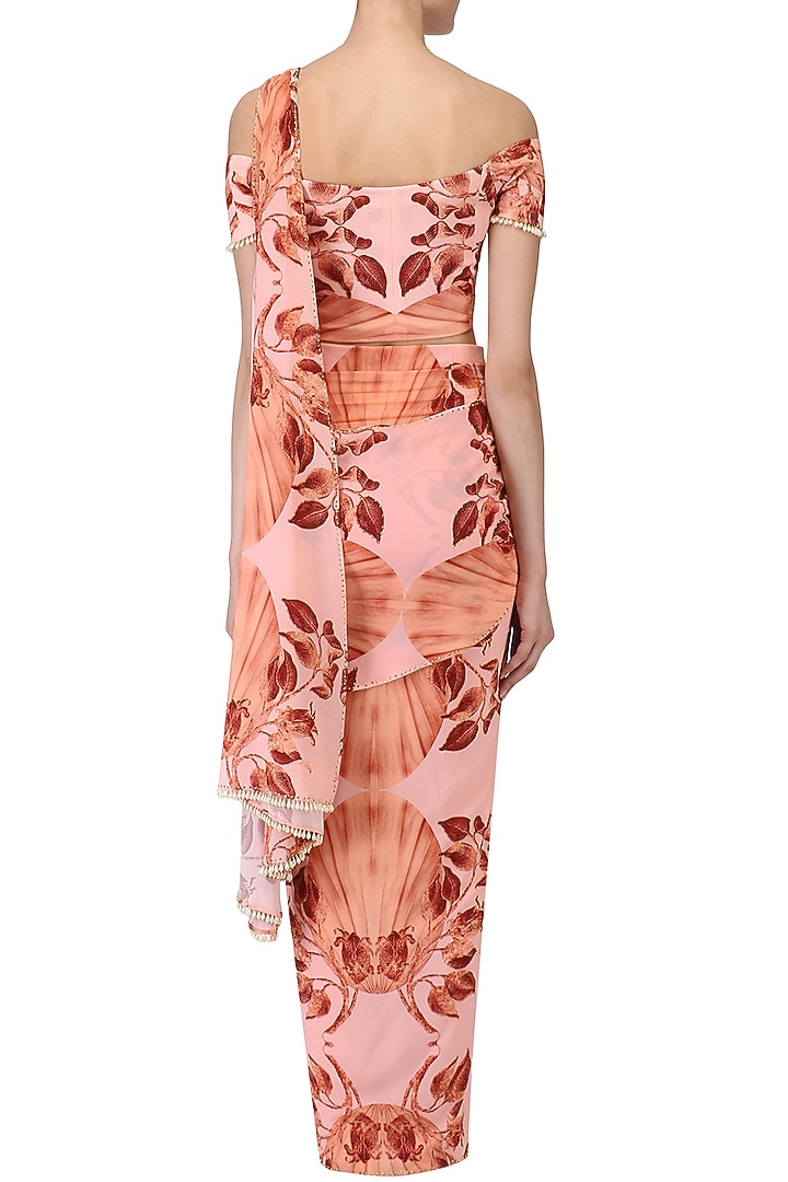 Pink lily print stitched saree with off shoulder blouse available only at Pernia's Pop Up Shop.