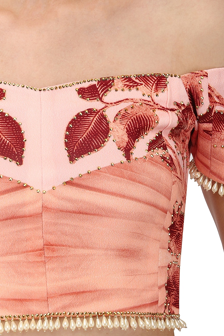 Pink lily print stitched saree with off shoulder blouse available only at Pernia's Pop Up Shop.