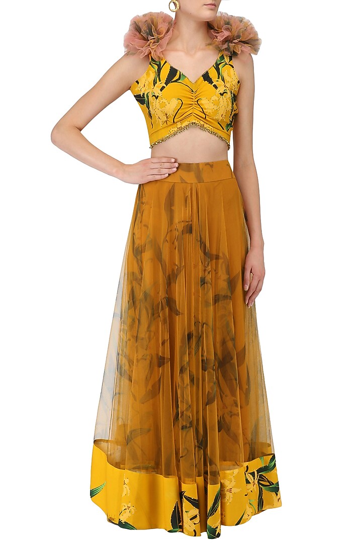 Mustard lily print skirt and knotted blouse set available only at Pernia's Pop Up Shop.
