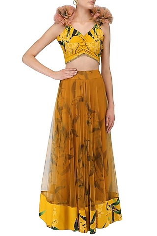 Mustard Lily Print Lehenga Skirt and Knotted Blouse Set by Farah Sanjana