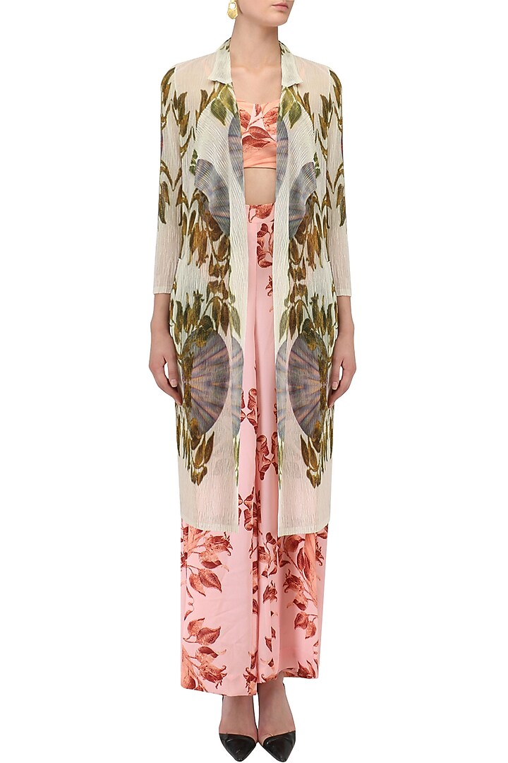 Pink lily print palazzo pants, bralet and jacket set available only at Pernia's Pop Up Shop.