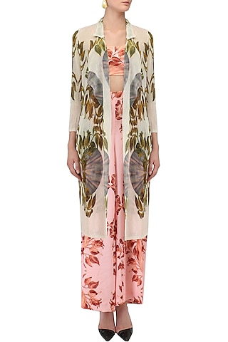 Pink Lily Print Palazzo Pants, Bralet and Jacket Set by Farah Sanjana