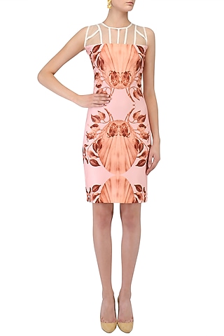 Pink Lily Print Fitted Dress by Farah Sanjana