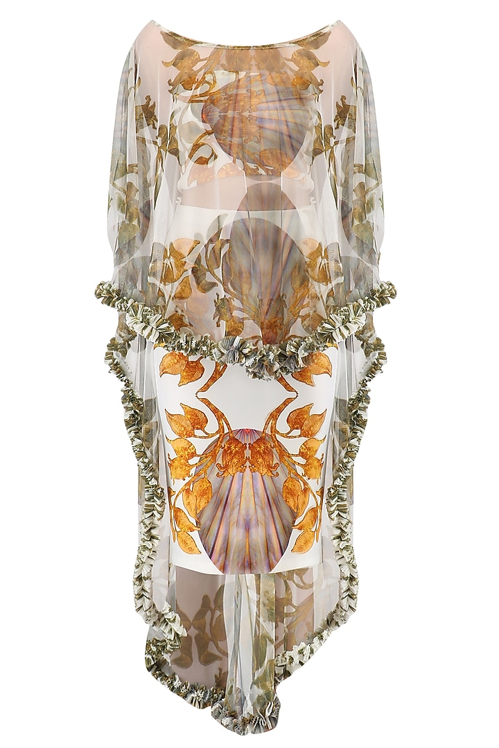 White Lily Printed Skirt With Cape by Farah Sanjana