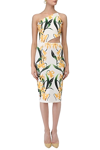 White Lily Print One Shoulder Dress by Farah Sanjana