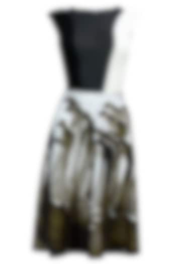 Black and white bodysuit with printed A-line skirt by Farah Sanjana