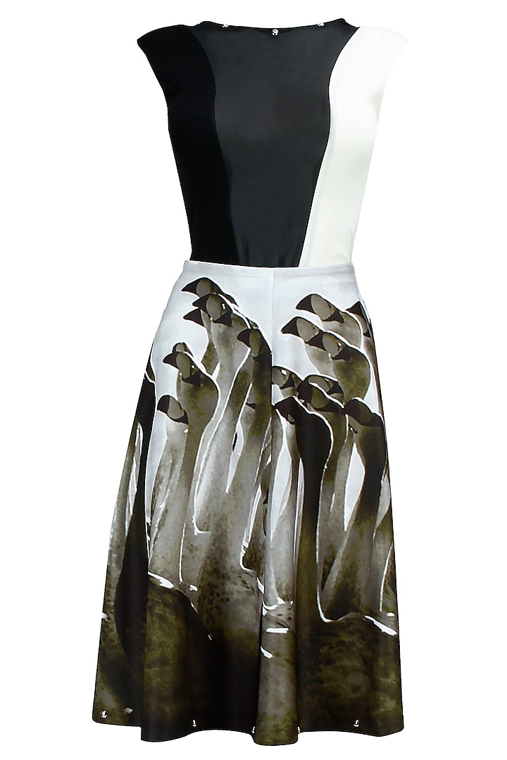 Black and white bodysuit with printed A-line skirt by Farah Sanjana