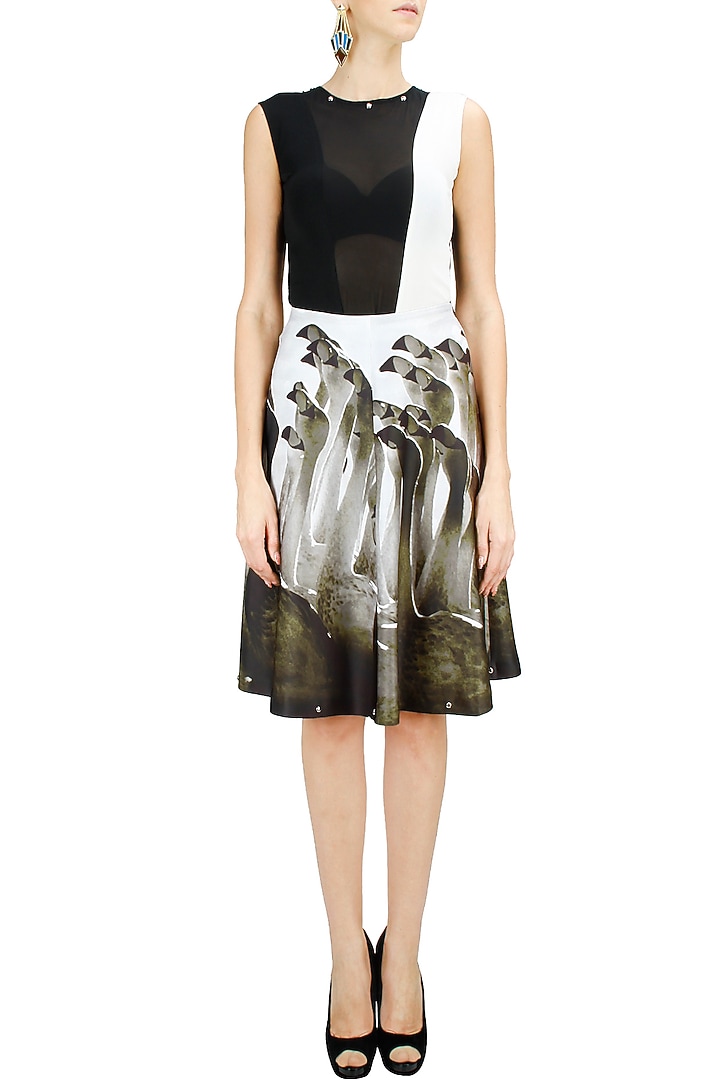 Black and white bodysuit with printed A-line skirt available only at Pernia's Pop-Up Shop.