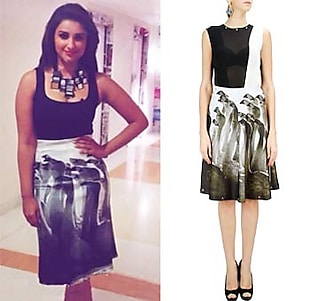 Black and white bodysuit with printed A-line skirt by Farah Sanjana