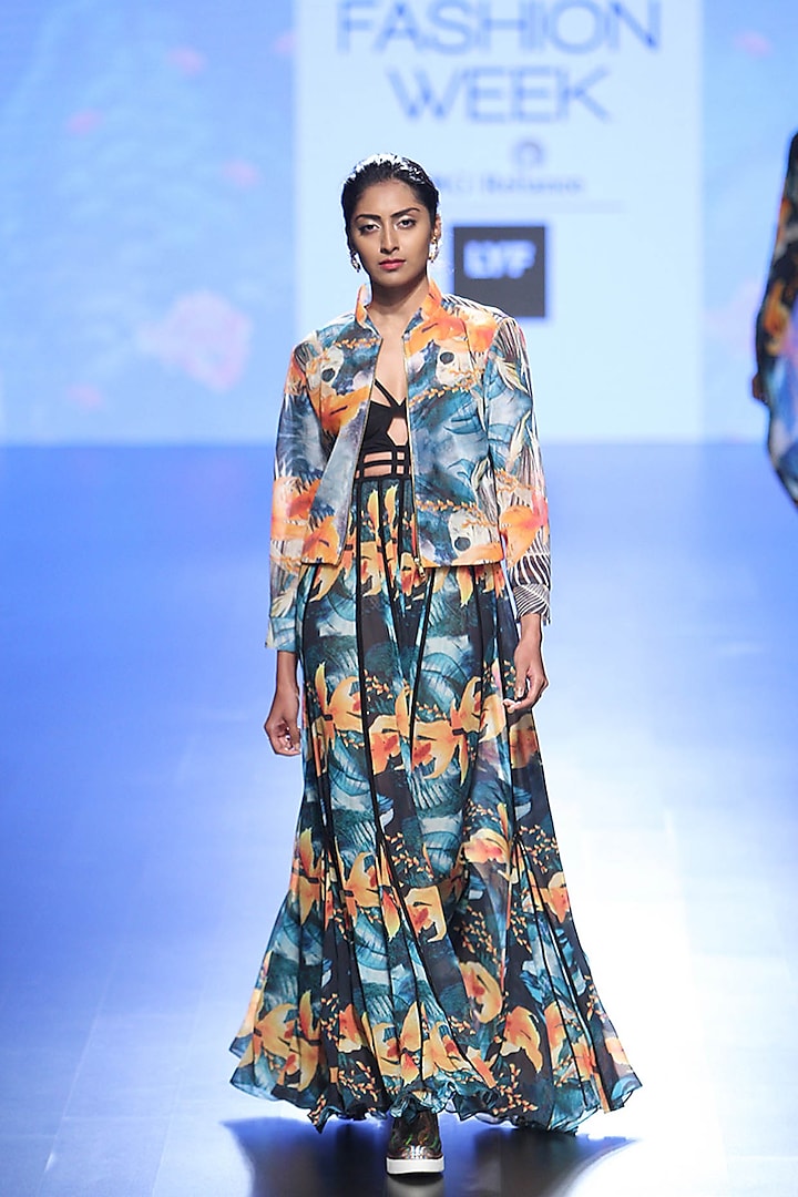 Multi Coloured Floral Long Dress And Bomber Jacket by Farah Sanjana