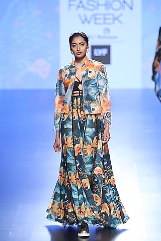 Multi Coloured Floral Long Dress And Bomber Jacket by Farah Sanjana