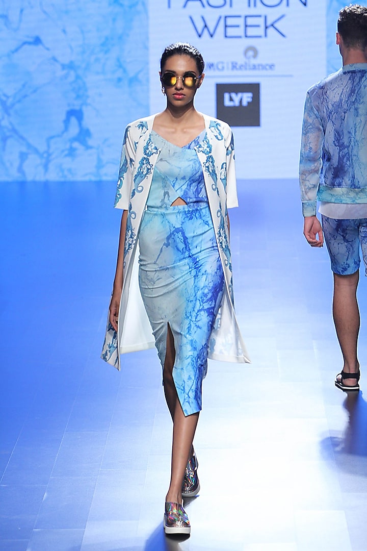 Blue Wave Print Cut Out Dress And Mermaid French Coat by Farah Sanjana