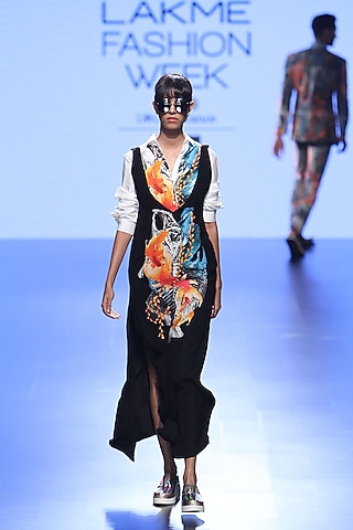 Black Fish Print Long Dress And White Shirt by Farah Sanjana