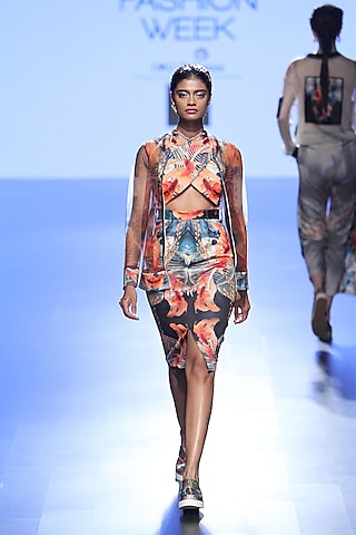 Multi Coloured Fish Print Cross Body Dress And Bomber Jacket by Farah Sanjana