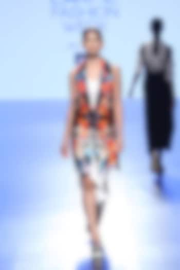 White long high slit dress and multi coloured fish print jacket available only at Pernia's Pop Up Shop.