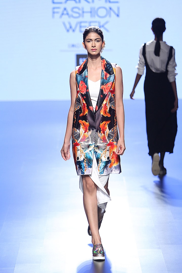 White long high slit dress and multi coloured fish print jacket available only at Pernia's Pop Up Shop.
