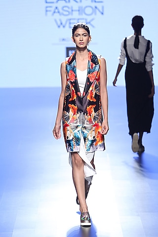 White Long High Slit Dress And Multi Coloured Fish Print Jacket by Farah Sanjana
