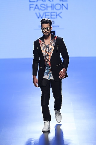 Black Coat, Trouser Pants And Multi Coloured Fish Photoreal Vest by Farah Sanjana