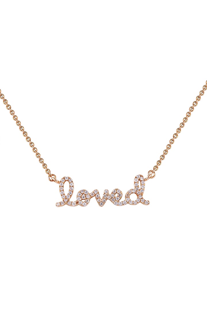 18kt Rose Gold Finish Round Diamond Loved Word Pendant Chain by Faith By ASM at Pernia's Pop Up Shop