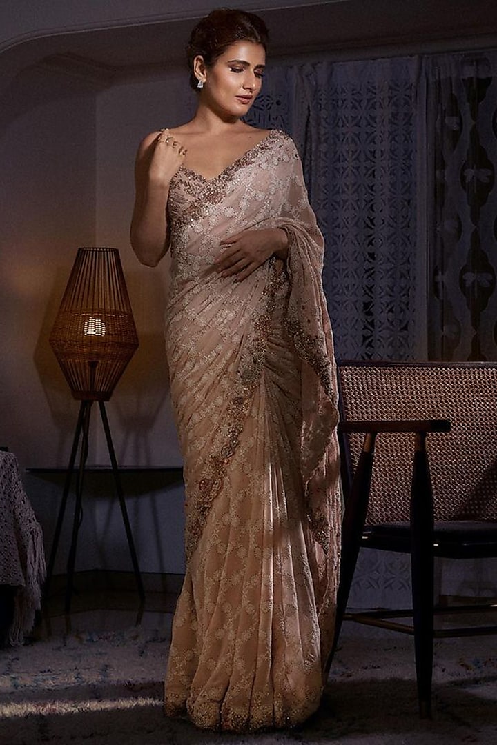 Ivory Chiffon Embroidered Saree Set by Dolly J