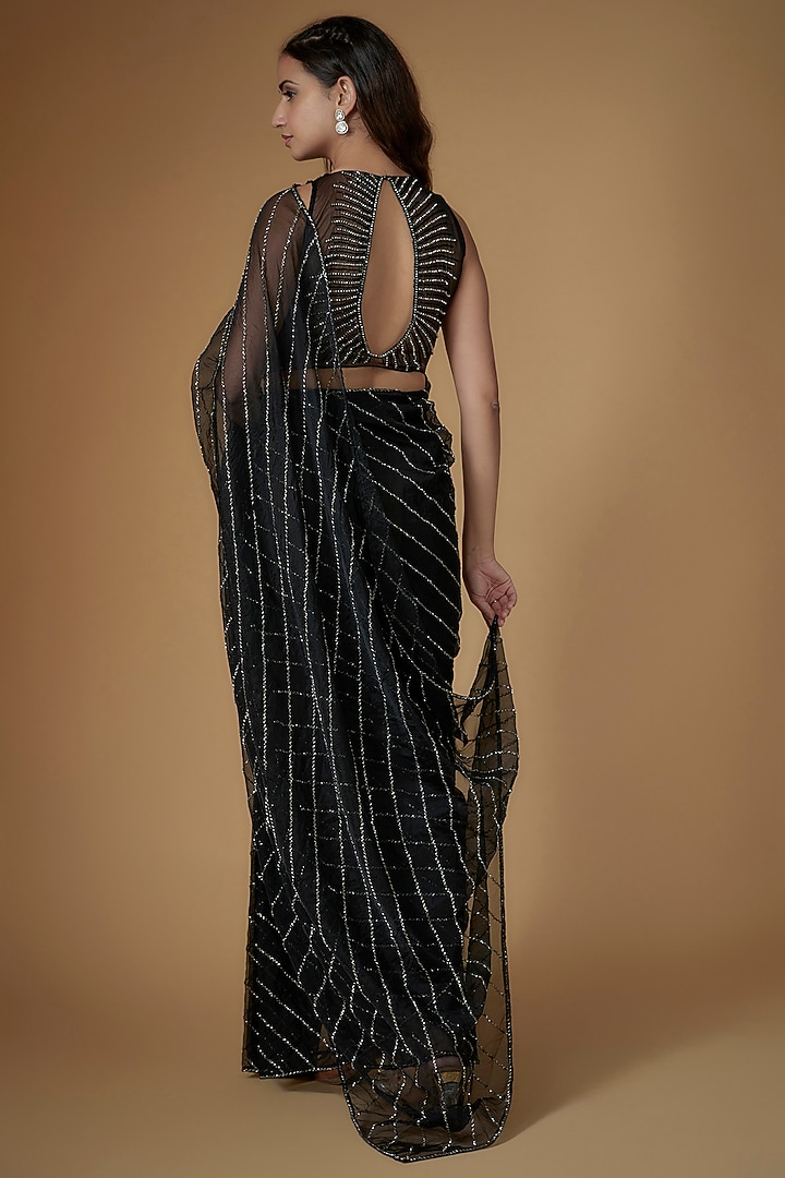 Black Crystal Organza Cutdana Hand Embellished Draped Party Wear Saree Set by FATIZ at Pernia's Pop Up Shop