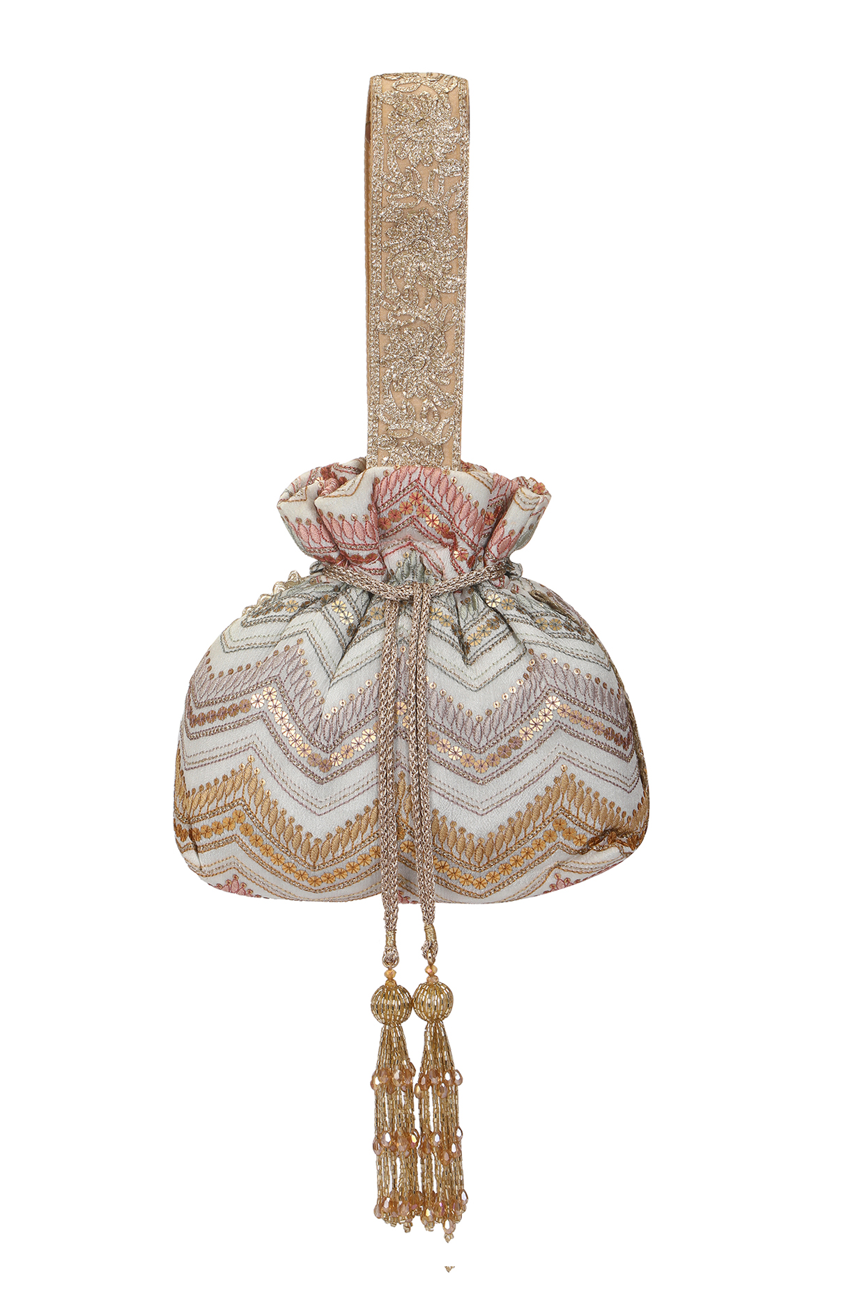 White Silk Embellished Potli Bag by Fuchsia by Aashka Mehta