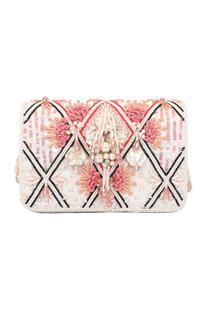 White & Pink Hand Embroidered Clutch by Fuchsia by Aashka Mehta