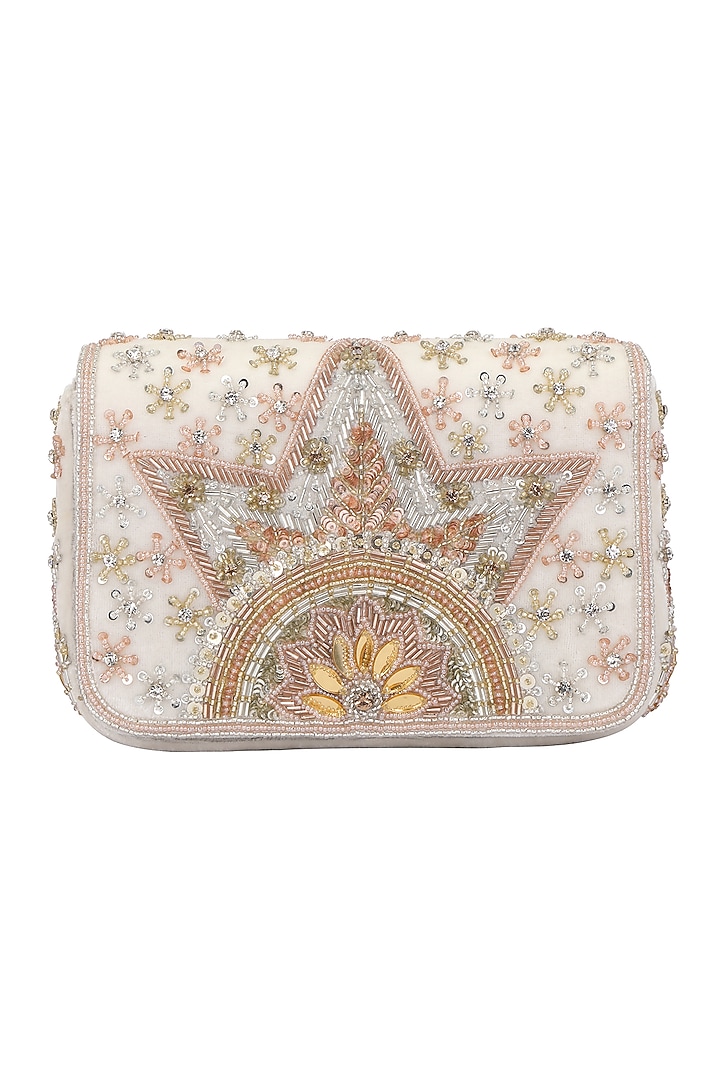 White Hand Embroidered Clutch by Fuchsia by Aashka Mehta