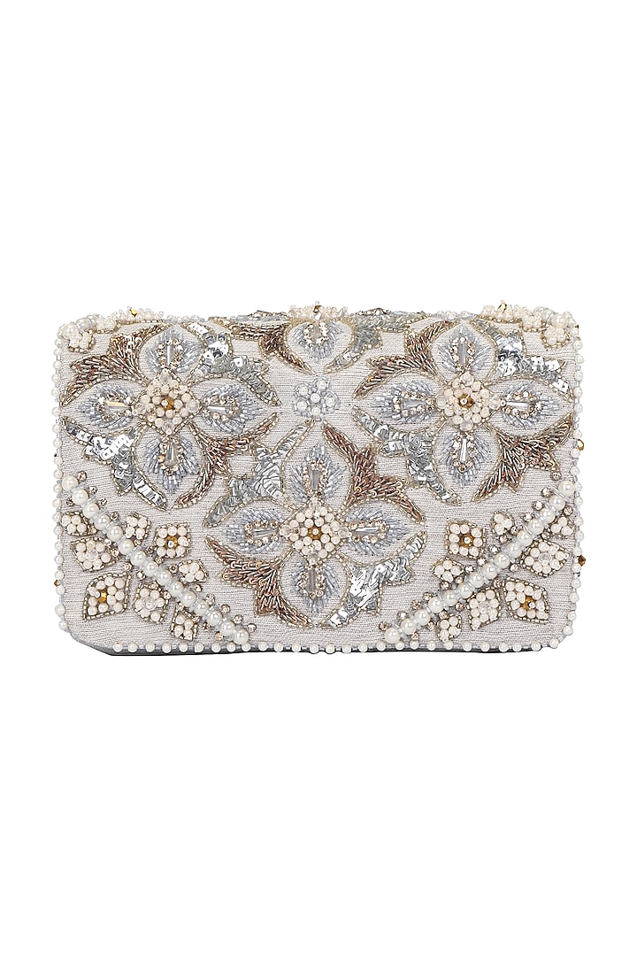 Ivory Hand Embroidered Clutch by Fuchsia by Aashka Mehta