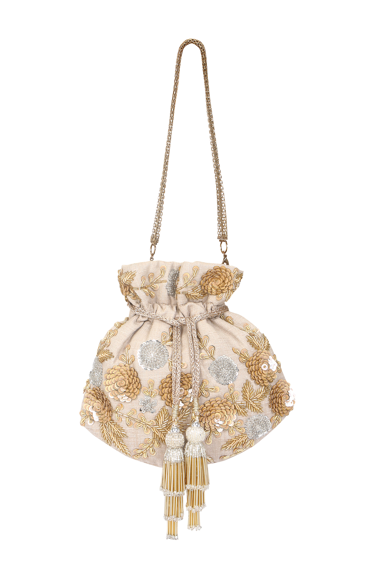 Gold Hand Embroidered Potli Bag by Fuchsia by Aashka Mehta at Pernia's Pop Up Shop