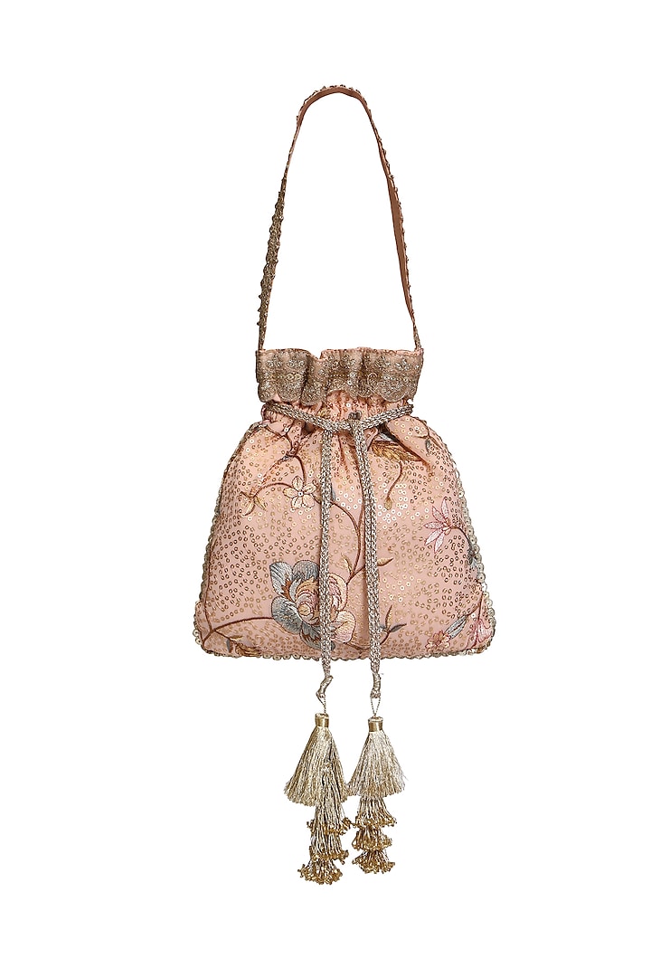 Peach Silk Embellished Potli by Fuchsia by Aashka Mehta at Pernia's Pop Up Shop
